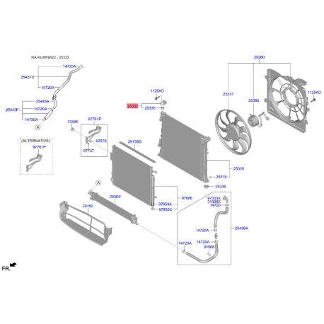 Кріплення радіатора верхнє 25333-D3000 Mobis - 25333D3000 - схема з каталогу 25333, KEURPJW22 25333D3000