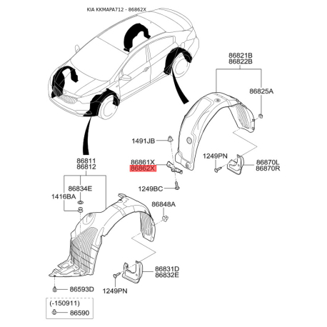 Крепления подкрылка и брызговика правое 86862-A7000 Mobis - 86862A7000 - схема с каталога 86862X, KKMAPA712 86862A7000