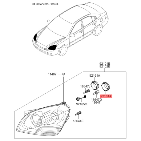 Крышка фары 92140-2G000 Mobis - 921402G000 - схема с каталога 92161A, KKMAPMG05 921402G000