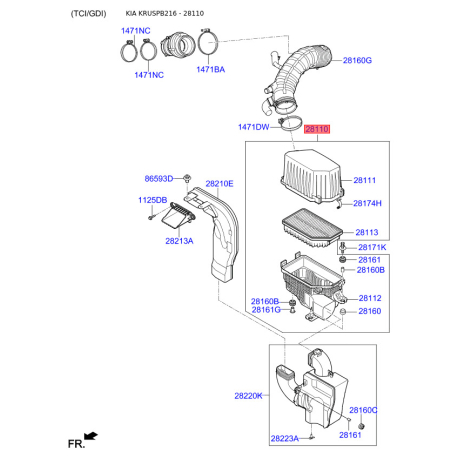 Кришка, корпус повітряного фільтра 28110-B2000 Mobis - 28110B2000 - схема з каталогу 28110, KRUSPB216 28110B2000