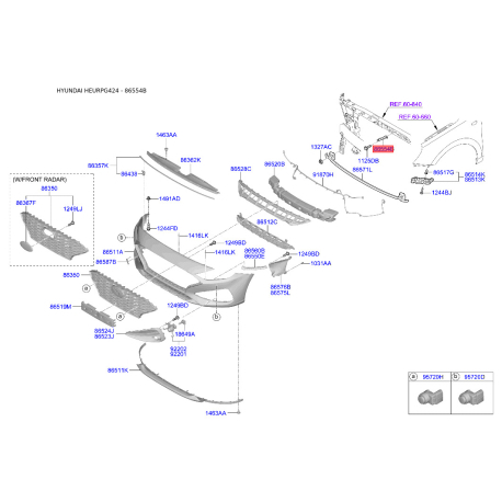 Кронштейн, буфер правий верхній 86556-F2000 Mobis - 86556F2000 - схема з каталогу 86554B, HEURPG424 86556F2000