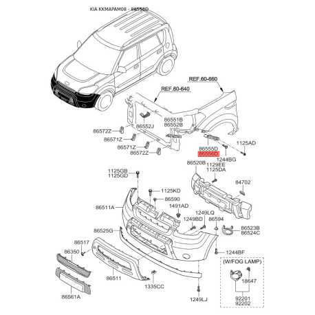 Кронштейн, буфер правый 86554-2K000 Mobis - 865542K000 - схема с каталога 86556D, KKMAPAM08 865542K000