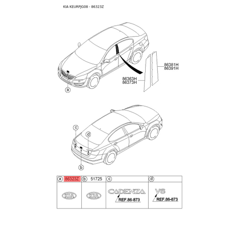 Эмблема задней и боковой двери, капота 86317-1H100 Mobis - 863171H100 - схема с каталога 86323Z, KEURPJG08 863171H100