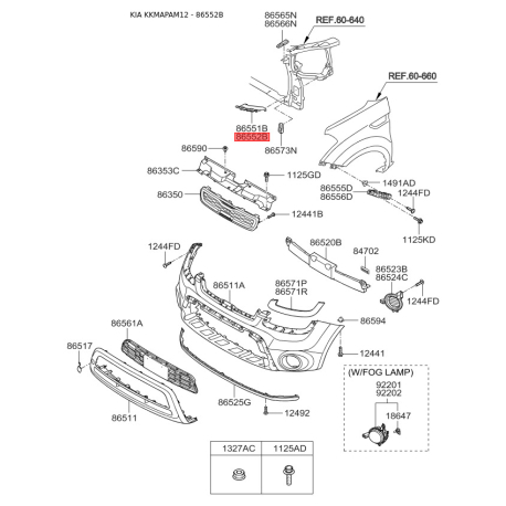 Кронштейн, буфер правий верхній 86552-2K500 Mobis - 865522K500 - схема з каталогу 86552B, KKMAPAM12 865522K500
