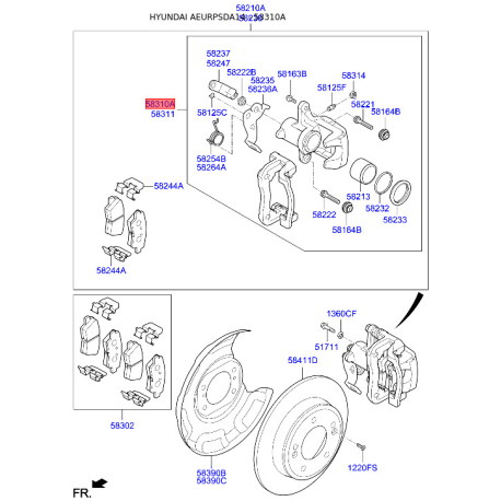 Суппорт тормозной без колодок левый 58310-3XA30 Mobis - 583103XA30 - схема с каталога 58310A, AEURPSDA14 583103XA30
