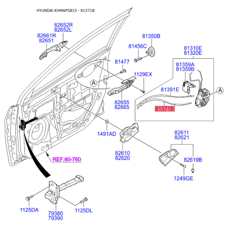 Проводка (жгут, коса) двери 81371-1R000 Mobis - 813711R000 - схема с каталога 81371B, KHMAPSB15 813711R000