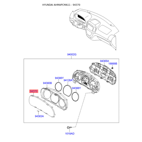 Панель приборов (щиток), в сборе и комплектующие 94360-2B000 Mobis - 943602B000 - схема с каталога 94370, AHMAPCMA11 943602B000
