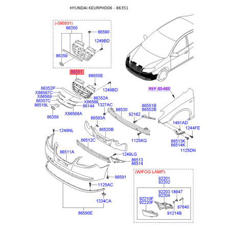 Решітка радіатора 86351-2H500 Mobis - 863512H500 - схема з каталогу 86351, KEURPHD06 863512H500