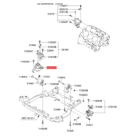 Подушка двигуна 21810-2G400 Mobis - 218102G400 - схема з каталогу 21810A, KKMAPMG09 218102G400