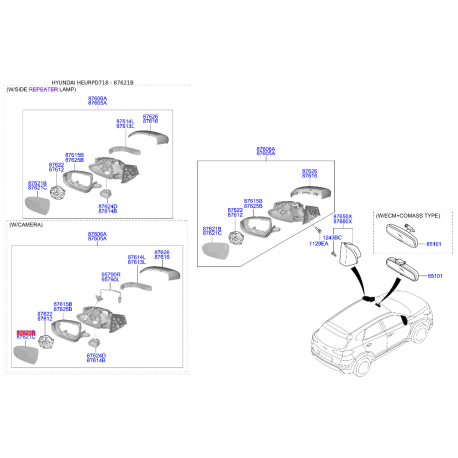 Дзеркальний елемент зовнішнього дзеркала задній правий 87621-D7020 Mobis - 87621D7020 - схема з каталогу 87621B, HEURPD718 87621D7020