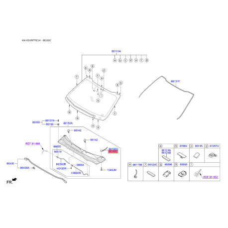 Молдинг (уплотнитель) лобового стекла правый 86154-2T000 Mobis - 861542T000 - схема с каталога 86160C, KEURPTFE14 861542T000