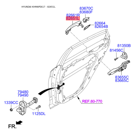 Ручка дверей ліва 82651-C1010 Mobis - 82651C1010 - схема з каталогу 82651L, KHMAPE617 82651C1010