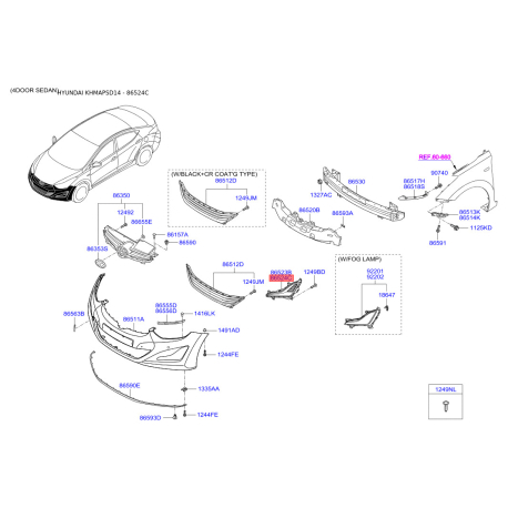 Облицювання, протитуманна фара переднє праве 86564-3X700 Mobis - 865643X700 - схема з каталогу 86524C, KHMAPSD14 865643X700