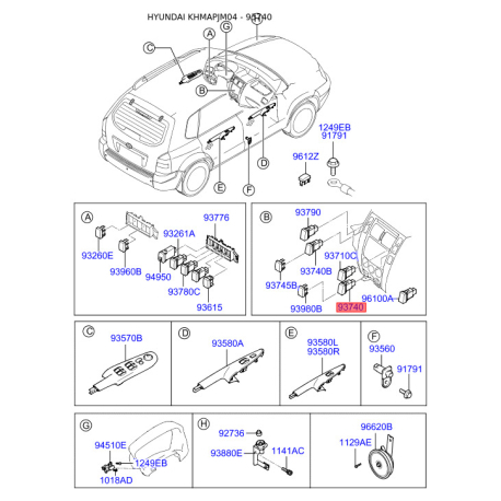 Выключатель 93740-2E001CA Mobis - 937402E001CA - схема с каталога 93740, KHMAPJM04 937402E001CA