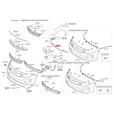 Підсилювач бампера нижній 86570-D4000 Mobis - 86570D4000 - схема з каталогу 86571L, KEURPD416 86570D4000