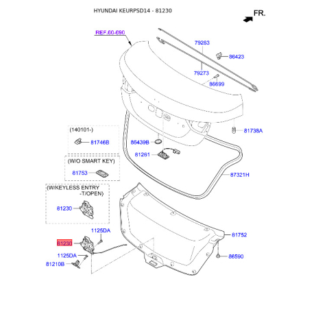 Замок кришки багажника 81230-3X000 Mobis - 812303X000 - схема з каталогу 81230, KEURPSD14 812303X000