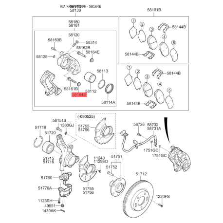 Чехол (пыльник) направляющей суппорта 58164-1G300 Mobis - 581641G300 - схема с каталога 58164E, KKMAPTD08 581641G300
