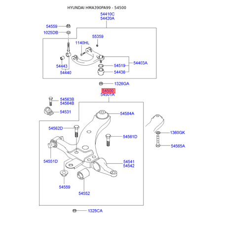 Важіль підвіски колеса лівий нижній 54500-38010 Mobis - 5450038010 - схема з каталогу 54500, HMA390PA99 5450038010