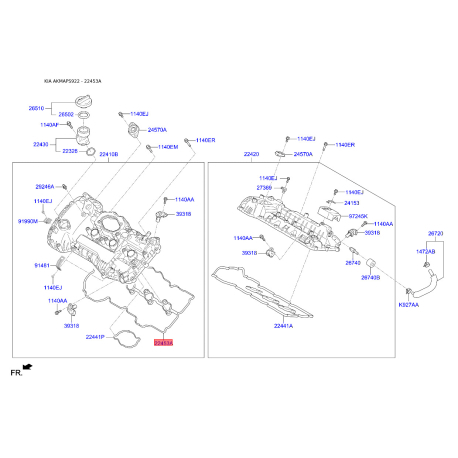 Прокладка клапанной крышки левая 22453-3L101 Mobis - 224533L101 - схема с каталога 22453A, AKMAPS922 224533L101