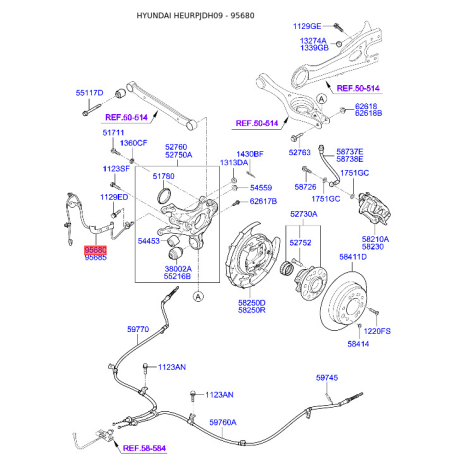 Датчик частоти обертання колеса (ABS) задній лівий 59910-2H300 Mobis - 599102H300 - схема з каталогу 95680, HEURPJDH09 599102H300