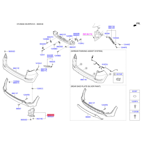 Кронштейн, буфер лівий 86691-D3000 Mobis - 86691D3000 - схема з каталогу 86691B, KEURPD315 86691D3000