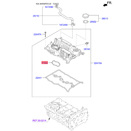 Прокладка клапанної кришки 22442-2GGB0 Mobis - 224422GGB0 - схема з каталогу 31822, AKMAPD518 224422GGB0