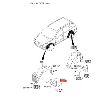 Брызговик передний правый 86832-1F000 Mobis - 868321F000 - схема с каталога 86832, SEURPFQZ07 868321F000