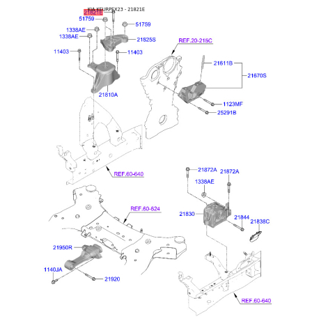 Болт кронштейна мотора 21821-3K556K Mobis - 218213K556K - схема с каталога 21821E, KEURPEX23 218213K556K