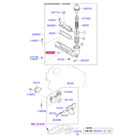Прокладка, корпус маслянного фильтра задняя 26345-3C100 Mobis - 263453C100 - схема с каталога 26345B, KEURPHM07 263453C100