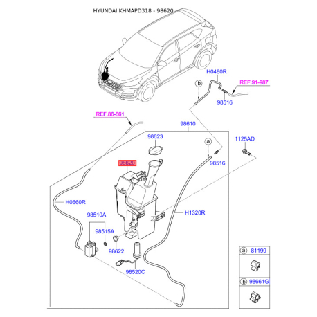 Бачок омивача 98620-D3100 Mobis - 98620D3100 - схема з каталогу 98620, KHMAPD318 98620D3100