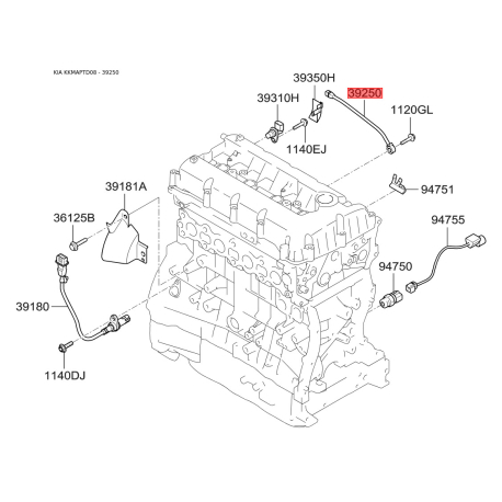 Датчик детонации 39250-25300 Mobis - 3925025300 - схема с каталога 39250, KKMAPTD08 3925025300