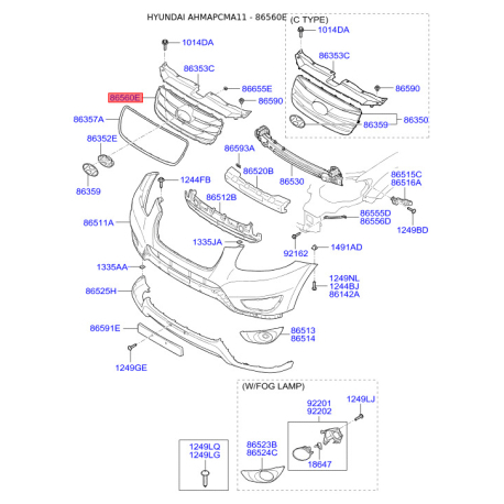 Решітка вентилятора, буфер 86561-2B700 Mobis - 865612B700 - схема з каталогу 86560E, AHMAPCMA11 865612B700