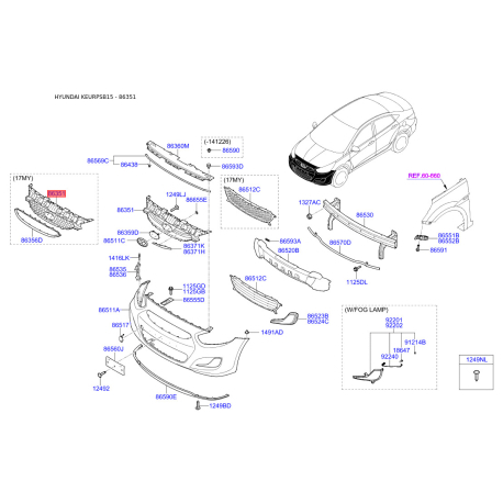 Решетка радиатора 86351-1R700 Mobis - 863511R700 - схема с каталога 86351, KEURPSB15 863511R700