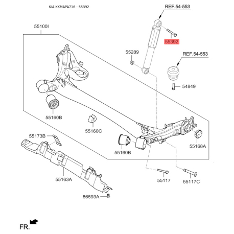 Болт кріплення заднього амортизатора 55392-1M000 Mobis - 553921M000 - схема з каталогу 55392, KKMAPA716 553921M000