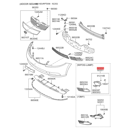Фара противотуманная правая 92202-1M400 Mobis - 922021M400 - схема с каталога 92202, KEURPTD08 922021M400
