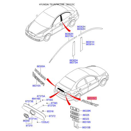 Емблема задніх та боковой дверей, капота 86311-1E000 Mobis - 863111E000 - схема з каталогу 86315C, TEURPMCT06 863111E000