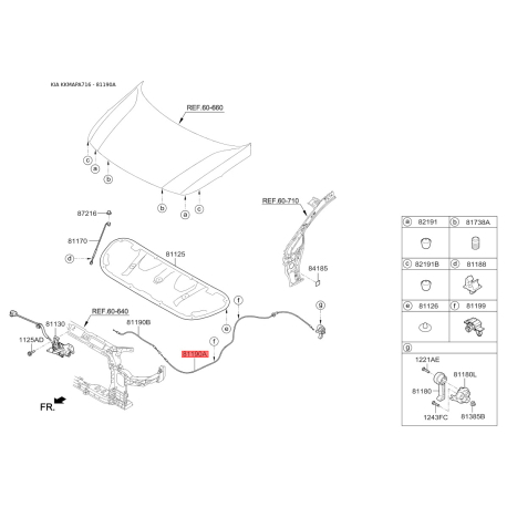 Тросик замка капота 81190-A7000 Mobis - 81190A7000 - схема с каталога 81190A, KKMAPA716 81190A7000