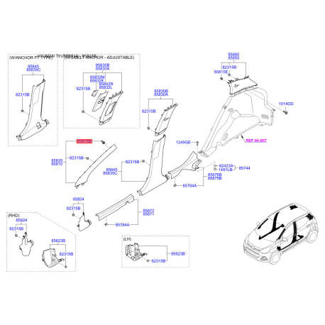Пістон (кліпса) бампера і оббивки салону квадратна 85815-3S400 Mobis - 858153S400 - схема з каталогу 85815B, TEURPB914 858153S400