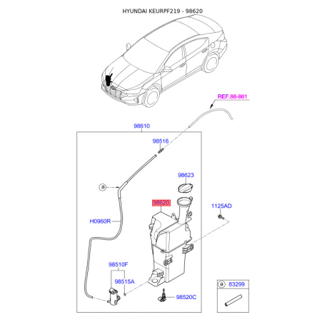 Бачок омывателя 98620-F2500 Mobis - 98620F2500 - схема с каталога 98620, KEURPF219 98620F2500