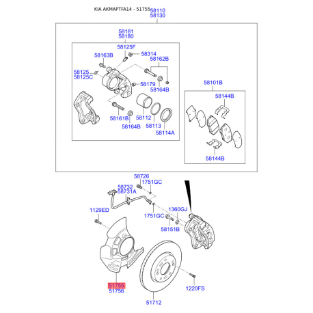 Захист (пильник, щит) поворотного кулака лівий 51755-2T950 Mobis - 517552T950 - схема з каталогу 51755, AKMAPTFA14 517552T950