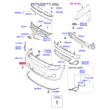 Облицювання / захисна накладка, буфер 86517-1R000 Mobis - 865171R000 - схема з каталогу 86517, KHMAPSB15 865171R000