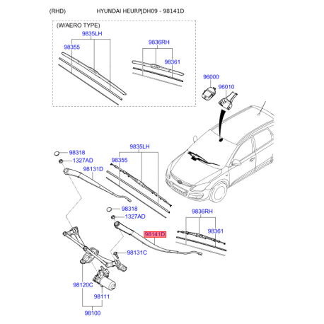 Рычаг стеклоочистителя 98321-2L000 Mobis - 983212L000 - схема с каталога 98141D, HEURPJDH09 983212L000