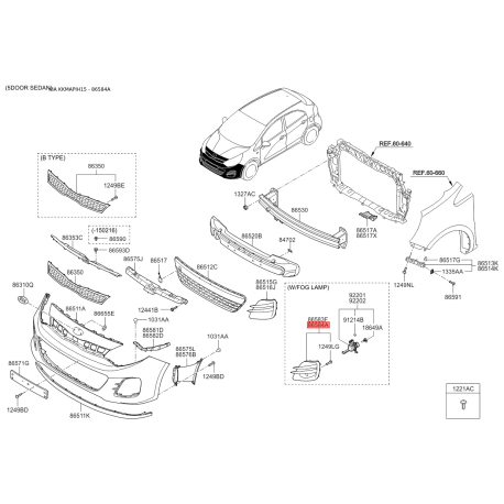 Облицовка / защитная накладка, буфер правая 86526-1W700 Mobis - 865261W700 - схема с каталога 86584A, KKMAPIH15 865261W700