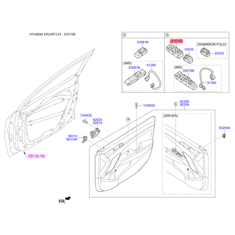 Блок кнопок склопідйомника 93570-F20004X Mobis - 93570F20004X - схема з каталогу 93570B, KRUSPF219 93570F20004X