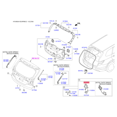 Замок кришки багажника 81230-B8000 Mobis - 81230B8000 - схема з каталогу 81230A, KEURPB813 81230B8000