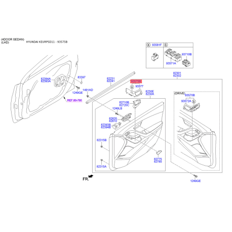 Блок кнопок стеклоподъёмника 93575-3X000RY Mobis - 935753X000RY - схема с каталога 93575B, KEURPSD11 935753X000RY