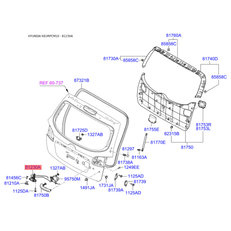 Замок кришки багажника 81230-2B000 Mobis - 812302B000 - схема з каталогу 81230A, KEURPCM10 812302B000
