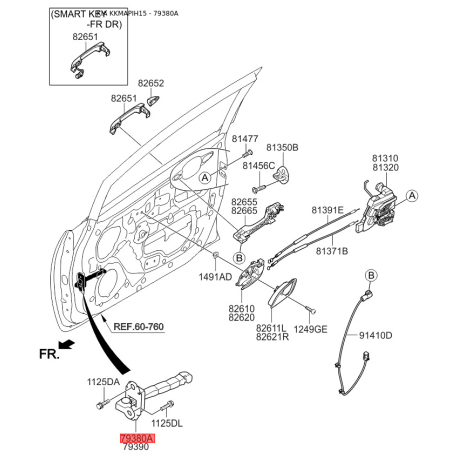 Фиксатор двери левый 79380-1W010 Mobis - 793801W010 - схема с каталога 79380A, KKMAPIH15 793801W010