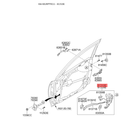 Замок двери левый 81310-2T070 Mobis - 813102T070 - схема с каталога 81310E, KEURPTFE11 813102T070