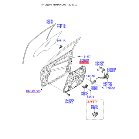 Подъемное устройство для окон левое 82471-2L001 Mobis - 824712L001 - схема с каталога 82471L, KHMAPJD07 824712L001